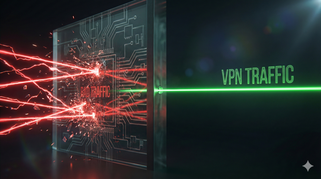 A visualization of an OpenBSD PF firewall blocking chaotic red traffic while allowing a single secure green VPN tunnel to pass through.