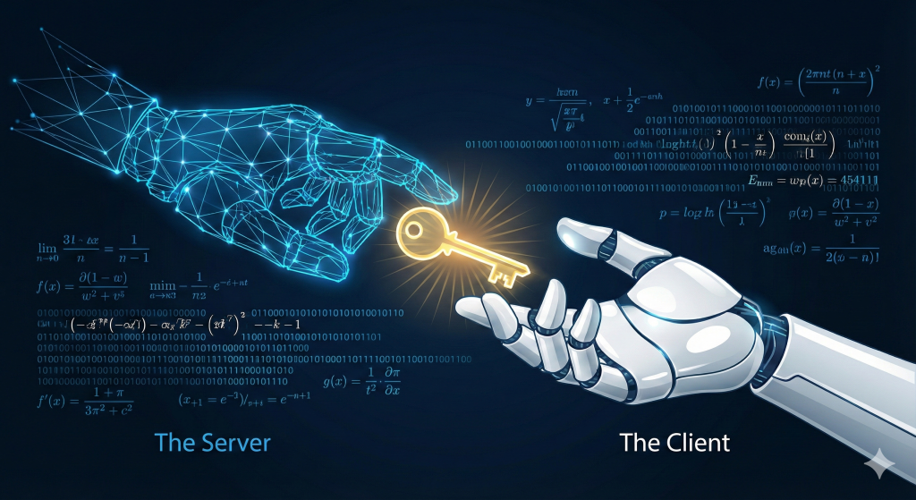 Abstract digital art of two robotic hands exchanging a glowing cryptographic key, representing the generation of WireGuard public and private keys