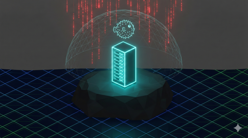 A minimalist 3D illustration of a secure, self-hosted VPN server standing on an isolated digital rock, protected by a glowing wireframe dome representing OpenBSD security.