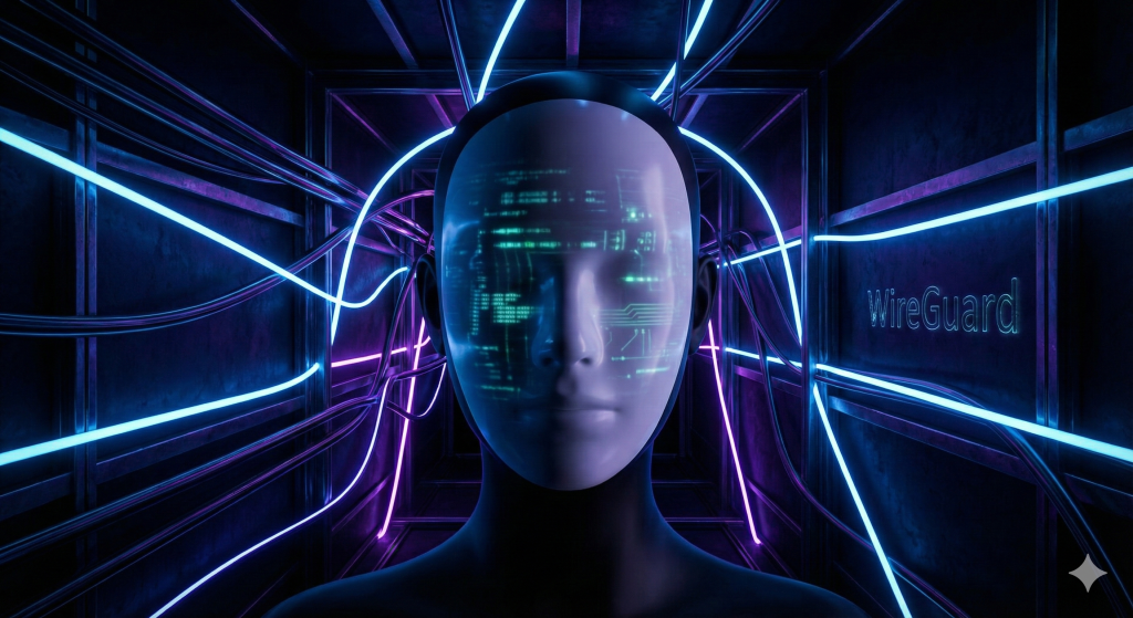 A digital figure wearing a blank mask standing in a light tunnel, representing the IP masking and anonymity achieved by connecting to a self-hosted VPN