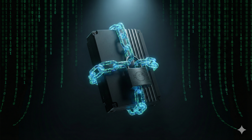 hard drive wrapped in digital chains and a padlock with the OpenBSD logo, symbolizing the security of Full Disk Encryption and Bioctl.