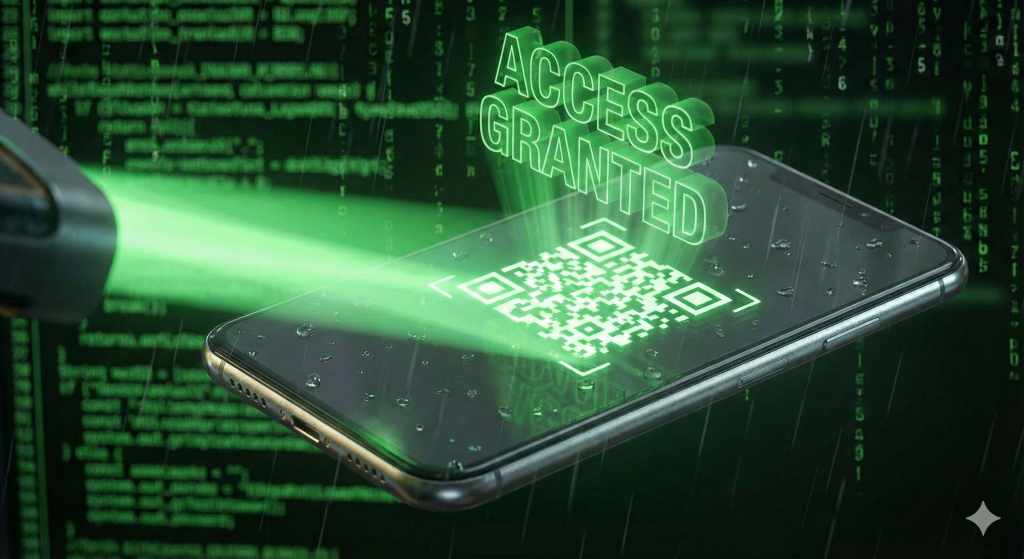 A smartphone scanning a QR code displayed on a Linux terminal screen to instantly configure the WireGuard VPN client for iOS.