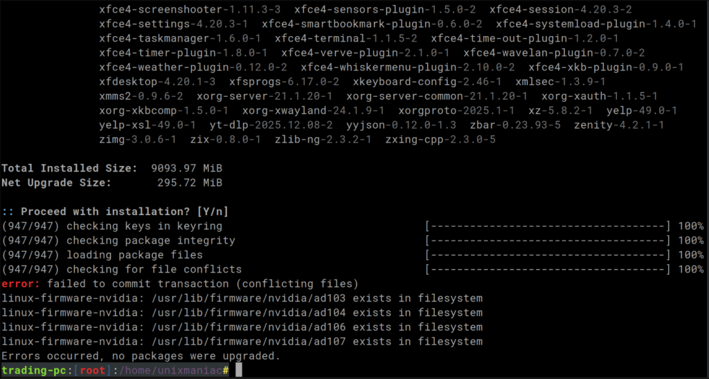 pacman fails with conflicting files error