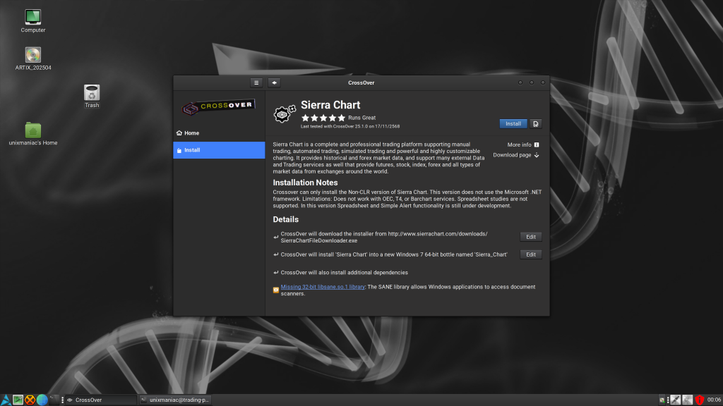 sierra chart install on crossover