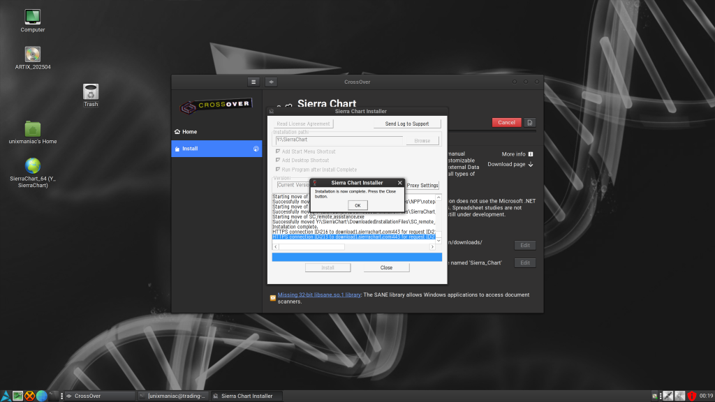 sierra chart install completed