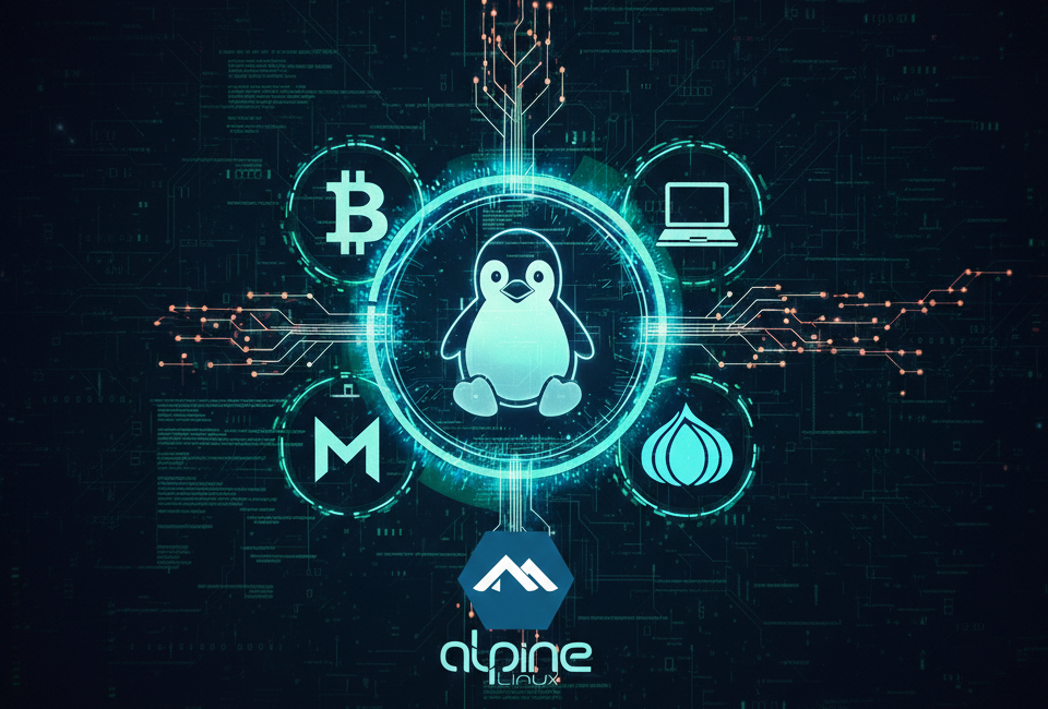 Cyberpunk-style graphic of a sovereign financial stack featuring the Linux penguin, Alpine Linux logo, Bitcoin, Monero, Tor onion, and a laptop on a glowing circuit board background
