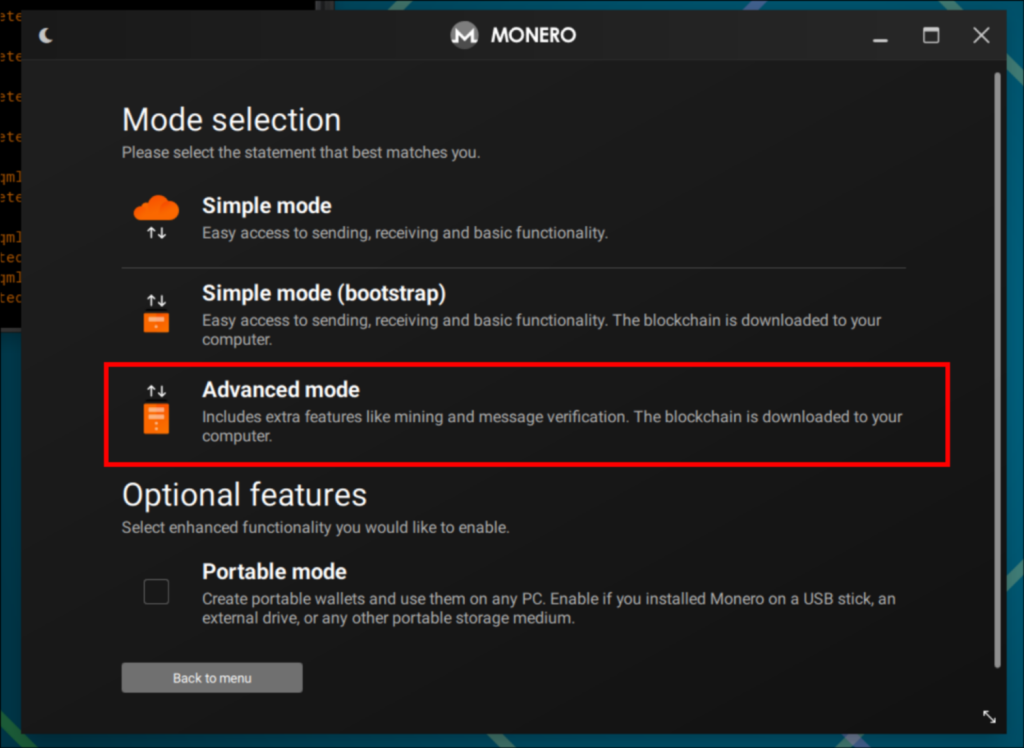 Select Advanced Mode in Monero Wallet GUI
