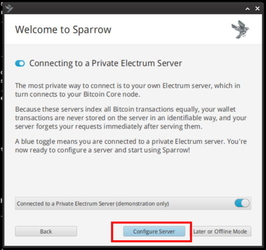 Configure Server in Sparrow Bitcoin Wallet