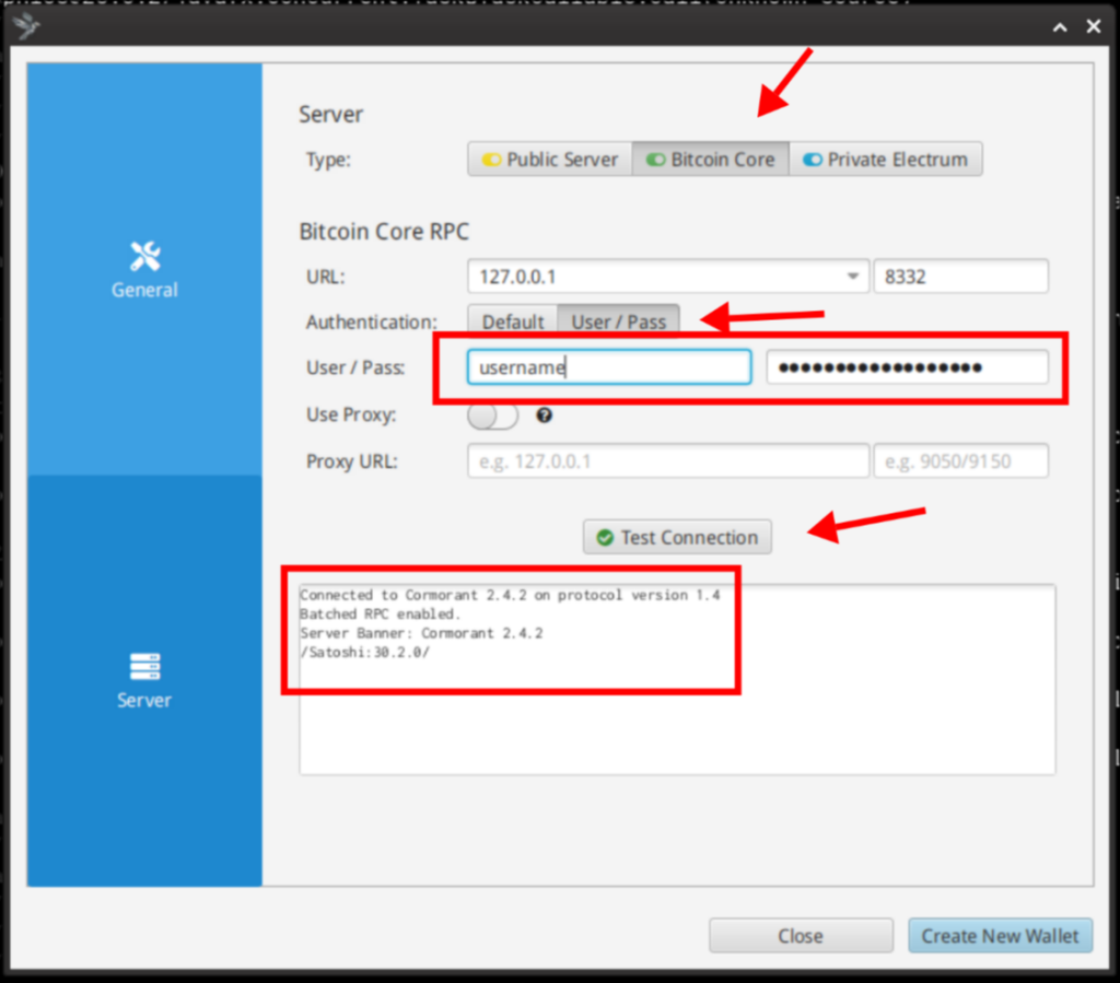 Set the local bitcoin core server in Sparrow Bitcoin Wallet and test connection