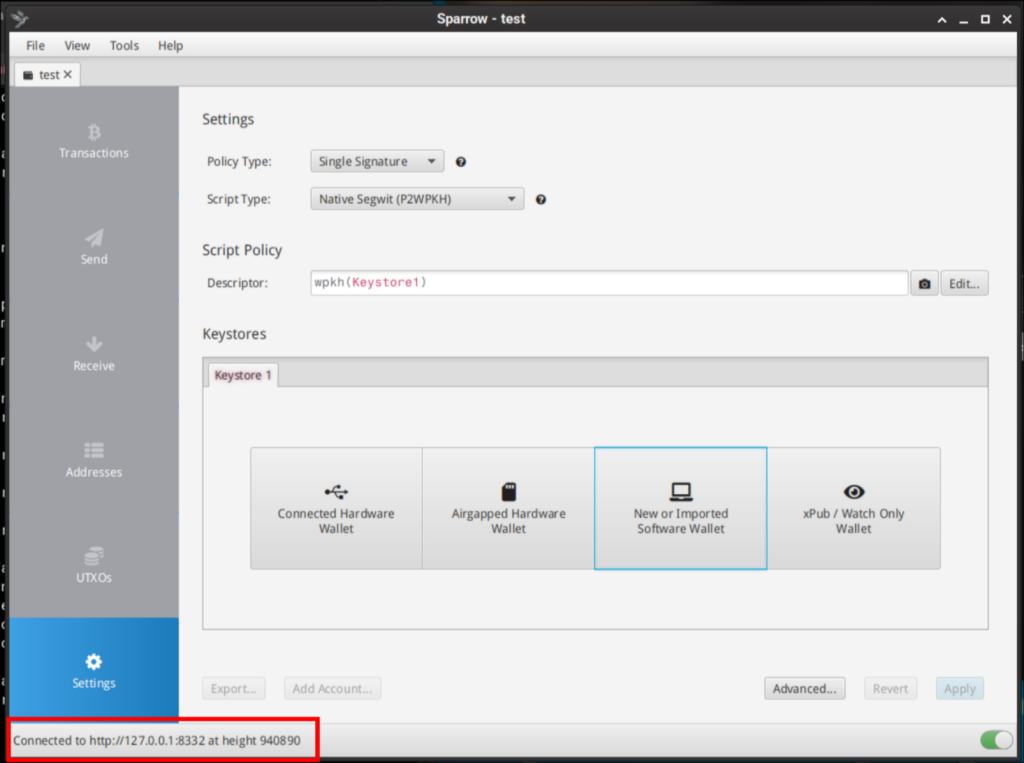 verify successful connection in Sparrow Bitcoin Wallet