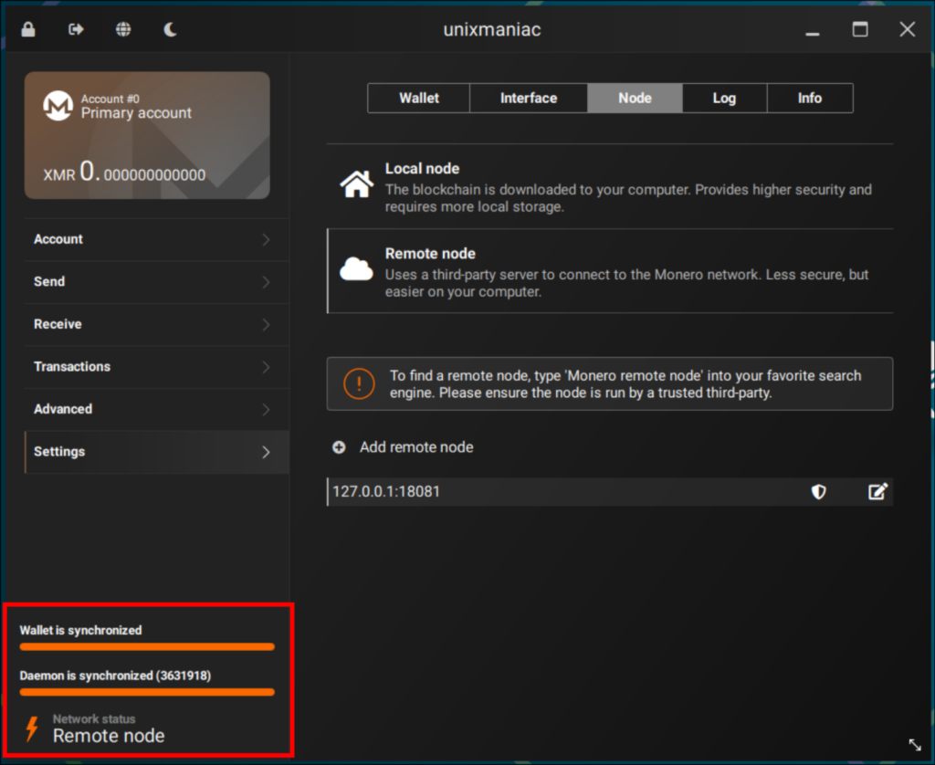 Remote node connected in Monero Wallet GUI