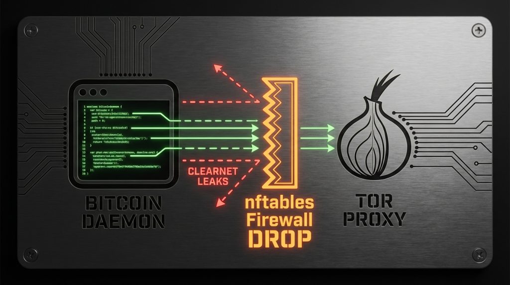 Diagram of bitcoin daemon sending traffic to a tor proxy while nftables block internet traffic