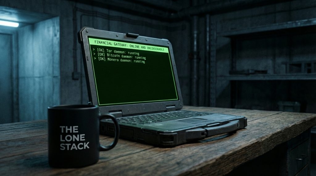 A laptop with all services marked as started for Crypto, monerod, bitcoind and tor. A black coffee cup with "The Lone Stack" brand.