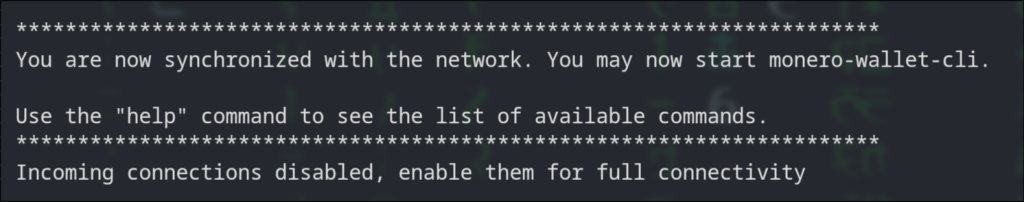 Monerod fully synced message screenshot