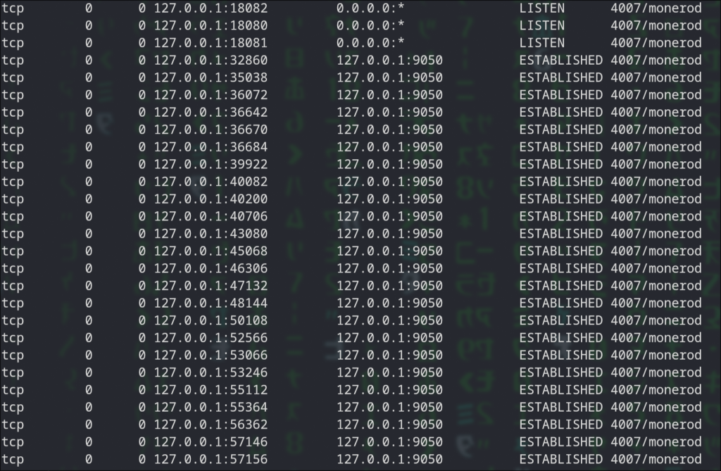 monerod established network connections screenshot