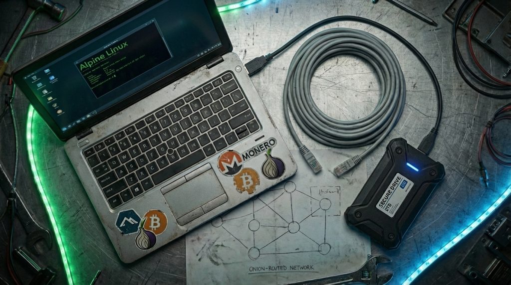 Laptop with bitcoin monero and alpine linux stickers and an ssd disk connected. ai generated.