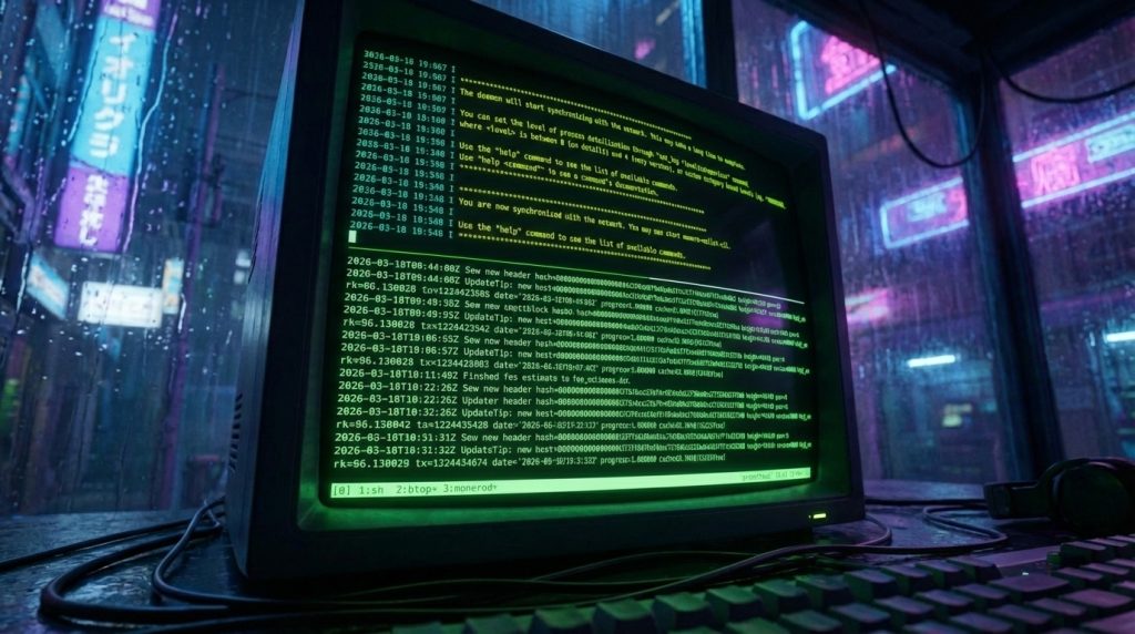 A retro monitor in a cyberpunk landspace showing monerod and bitcoind synced up