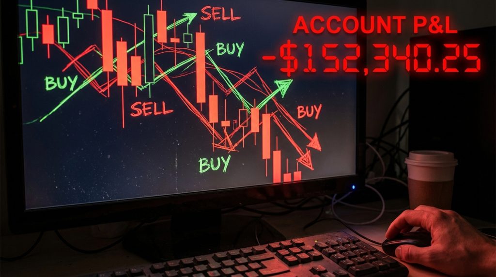 Revenge trading concept showing a computer screen with chaotic buy and sell orders, a crashing candlestick chart, and a massive account loss of over $150,000.