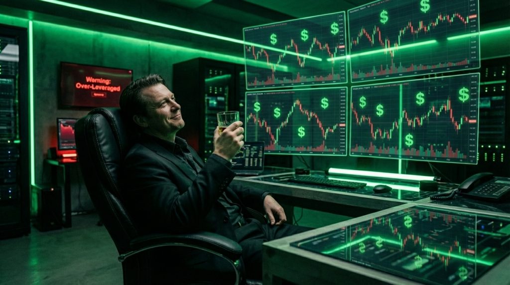 Overleveraged stock trader sitting at a high-tech desk with green glowing monitors, smiling and holding a drink despite a red warning sign.