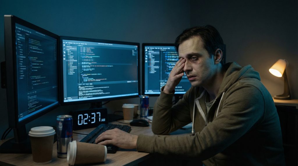 the time is after midnight and a hard working developer is looking really exhausted surrounded by monitors and empty coffee cups and energy drinks 