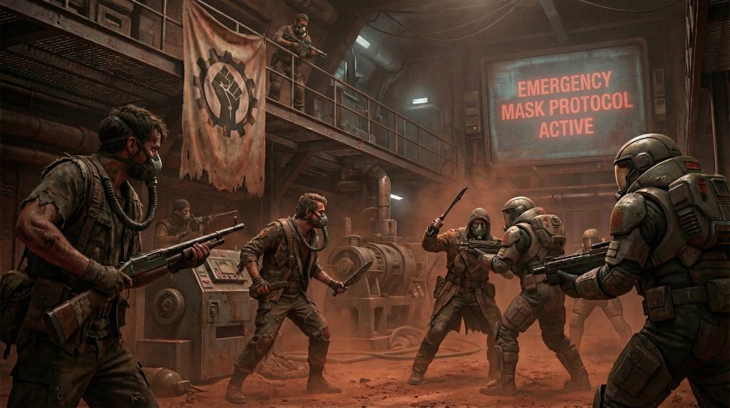 AI generated image of an indoor rebellion in Mars. There is a warning of emergency mask protocol being activated.
