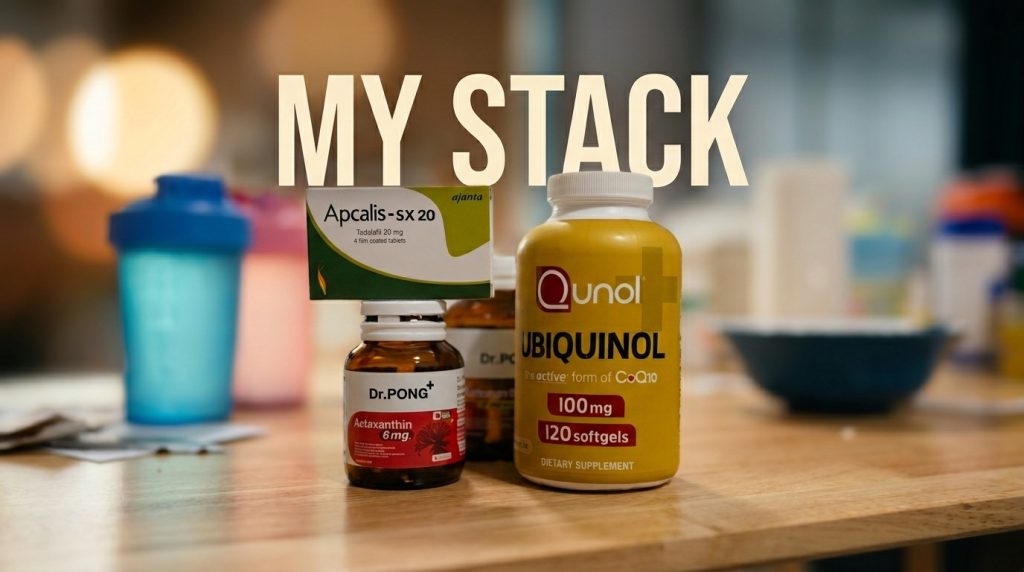 My exact stack for fighting toxic air - astaxanthin, ubiquinol and tadalafil. supplements on their original boxes in a desk.