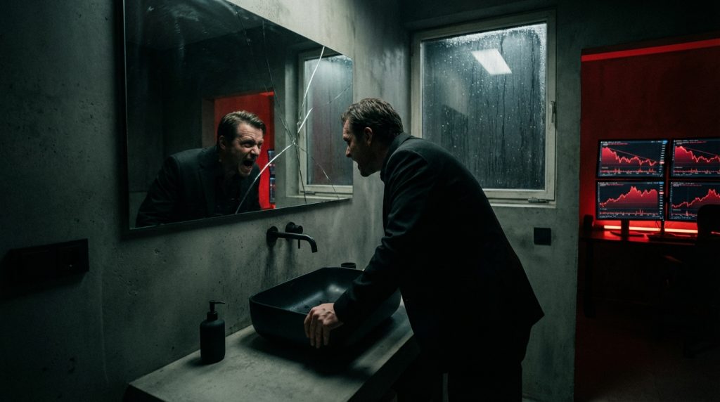 Psychology of trading: An angry man in a suit expressing self-blame and frustration in a mirror following a major financial loss on a trading platform.