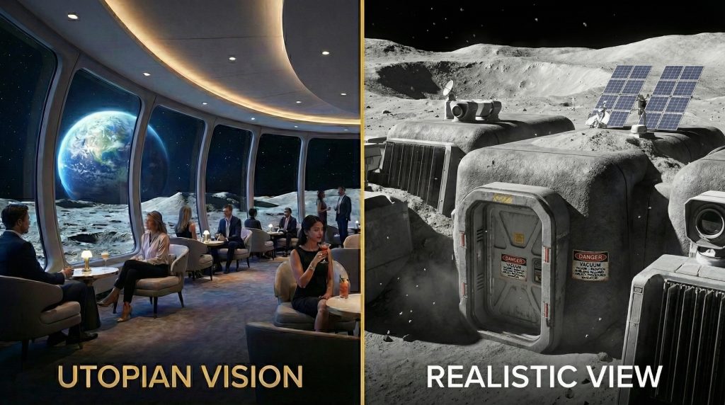 an utopic vision of a moon hotel on the left compared with a more realistic concept of moon settlement, both AI generated