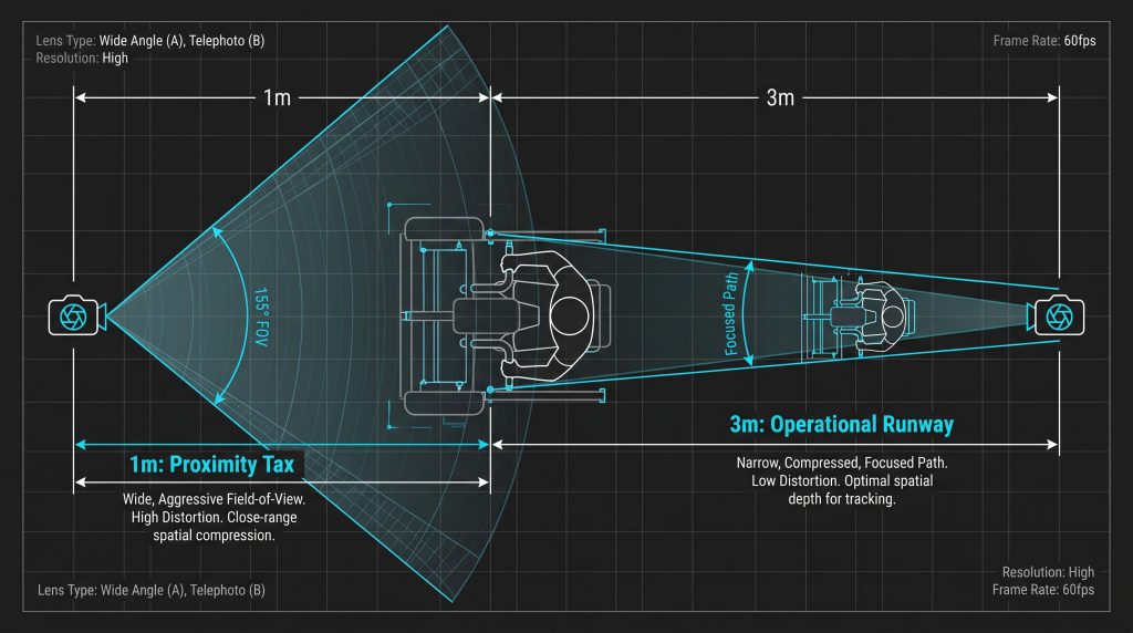 Top down schematic diagram showing the 1 meter proximity tax vs the 3 meter setup runway for recording gym workouts