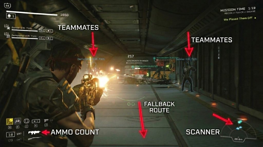 Aliens: Fireteam Elite gameplay, marking teammates, ammo count, scanner and fallback route