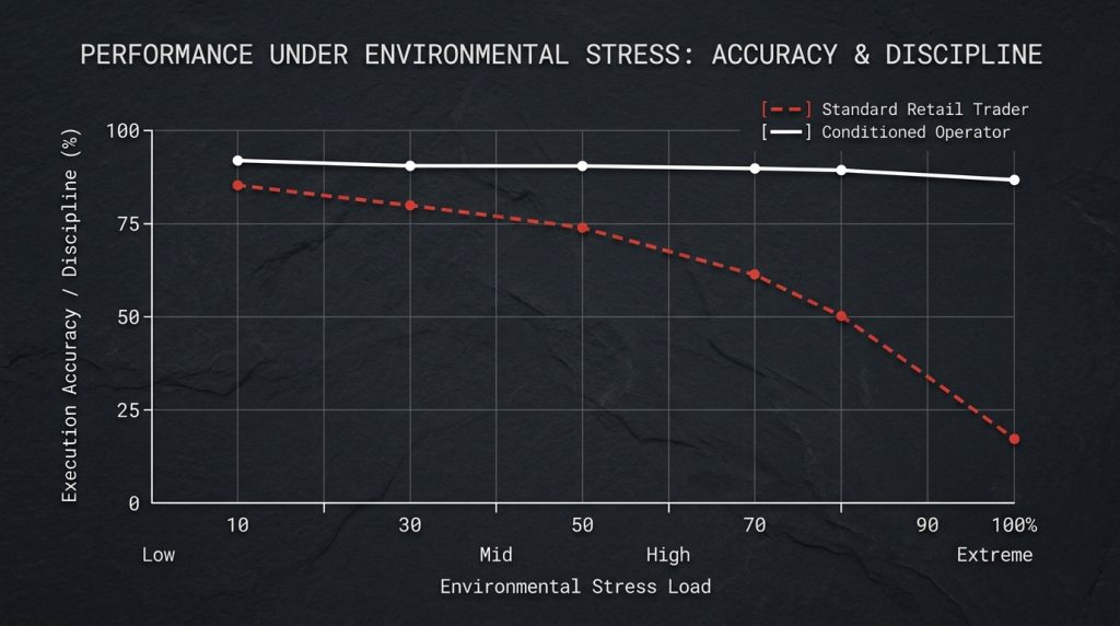 Graph illustrating performance under stress for a standard retail trader vs a conditioned operator
