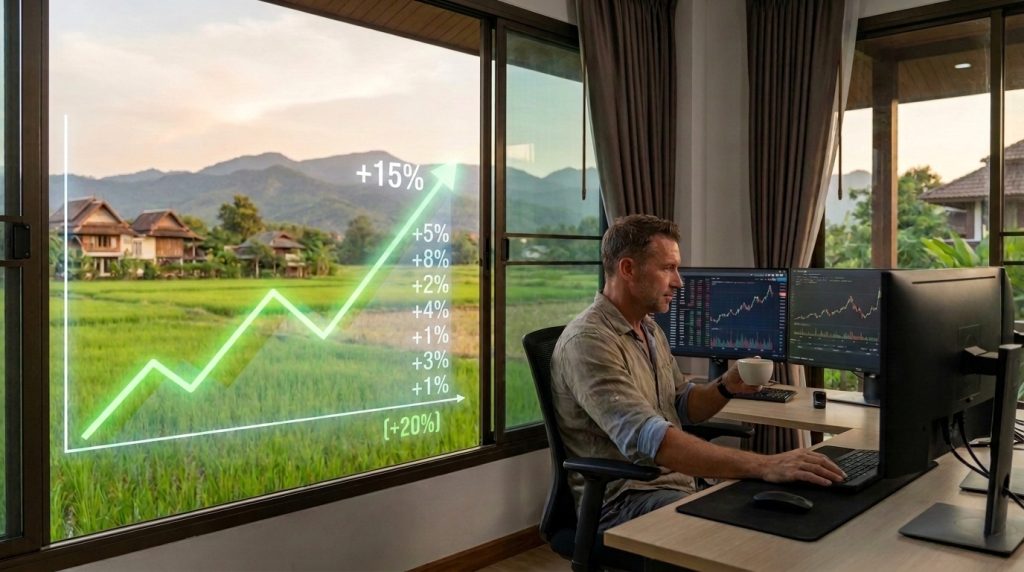 Man trading in his home office, outside a Thai rural landscape, overlaid is his uncapped account growth